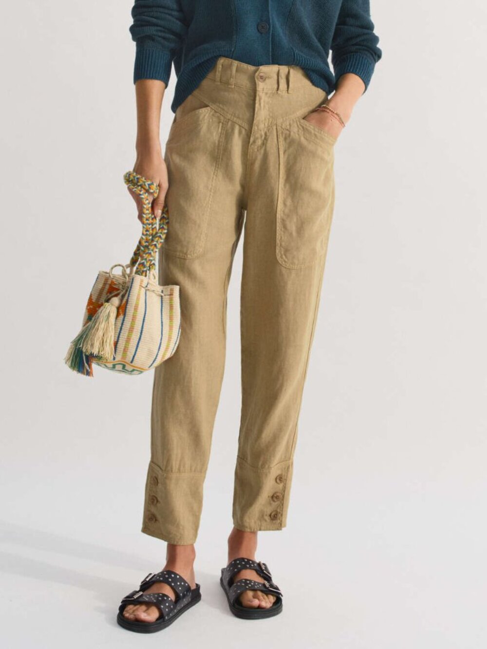 Wrap London Garment-Dyed Linen Cropped Trousers Pants Soft Olive High Rise Sz 4